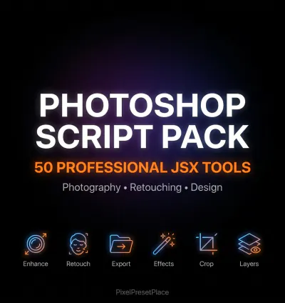 Photoshop Script Pack 50 JSX Tools | Photo Editing Automation | Retouching Design Workflow Bundle