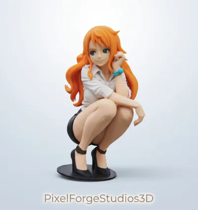 Nami Crouched One Piece STL 3MF 3D Model 3D Print Anime Figure AMS or Single Color Digital File