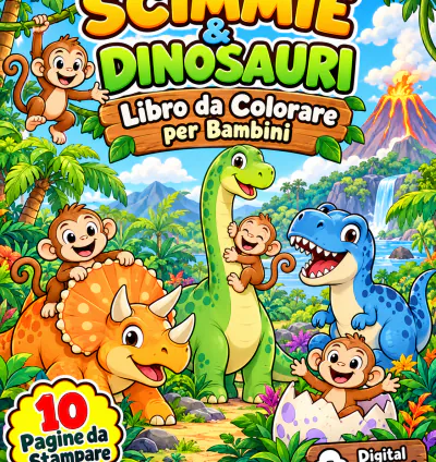 Libro da Colorare Scimmie e Dinosauri per Bambini – 10 Pagine PNG Stampabili – Download Digitale