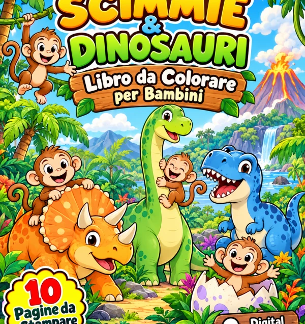 Libro da Colorare Scimmie e Dinosauri per Bambini – 10 Pagine PNG Stampabili – Download Digitale